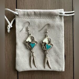 Silver Tone and Turquoise Dangle Feather Earrings